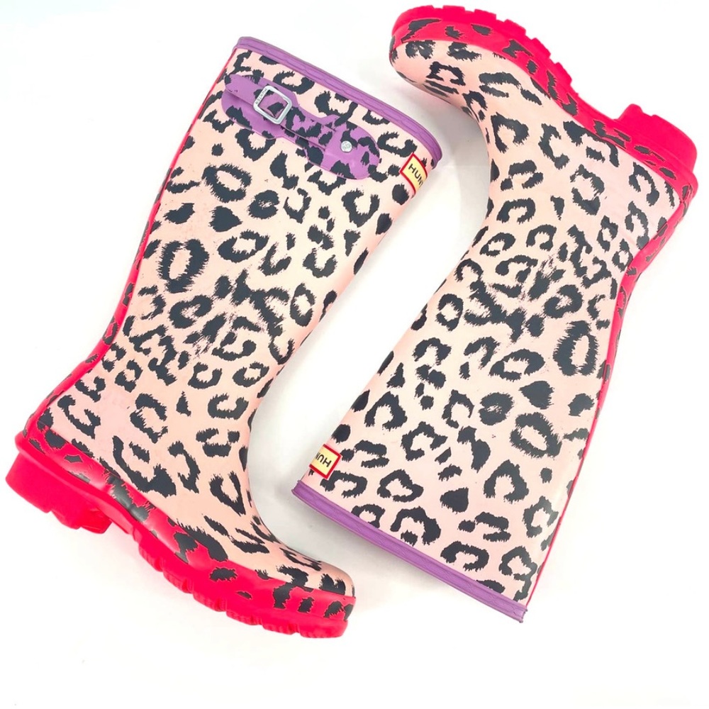 Hunter Original girls women’s Leopard cheetah Print tall rain boots Youth Pink 5